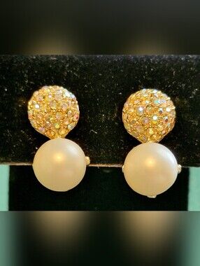 Vintage Celebrity NY Faux Pearl & Aurora Borealis Clip On Earrings